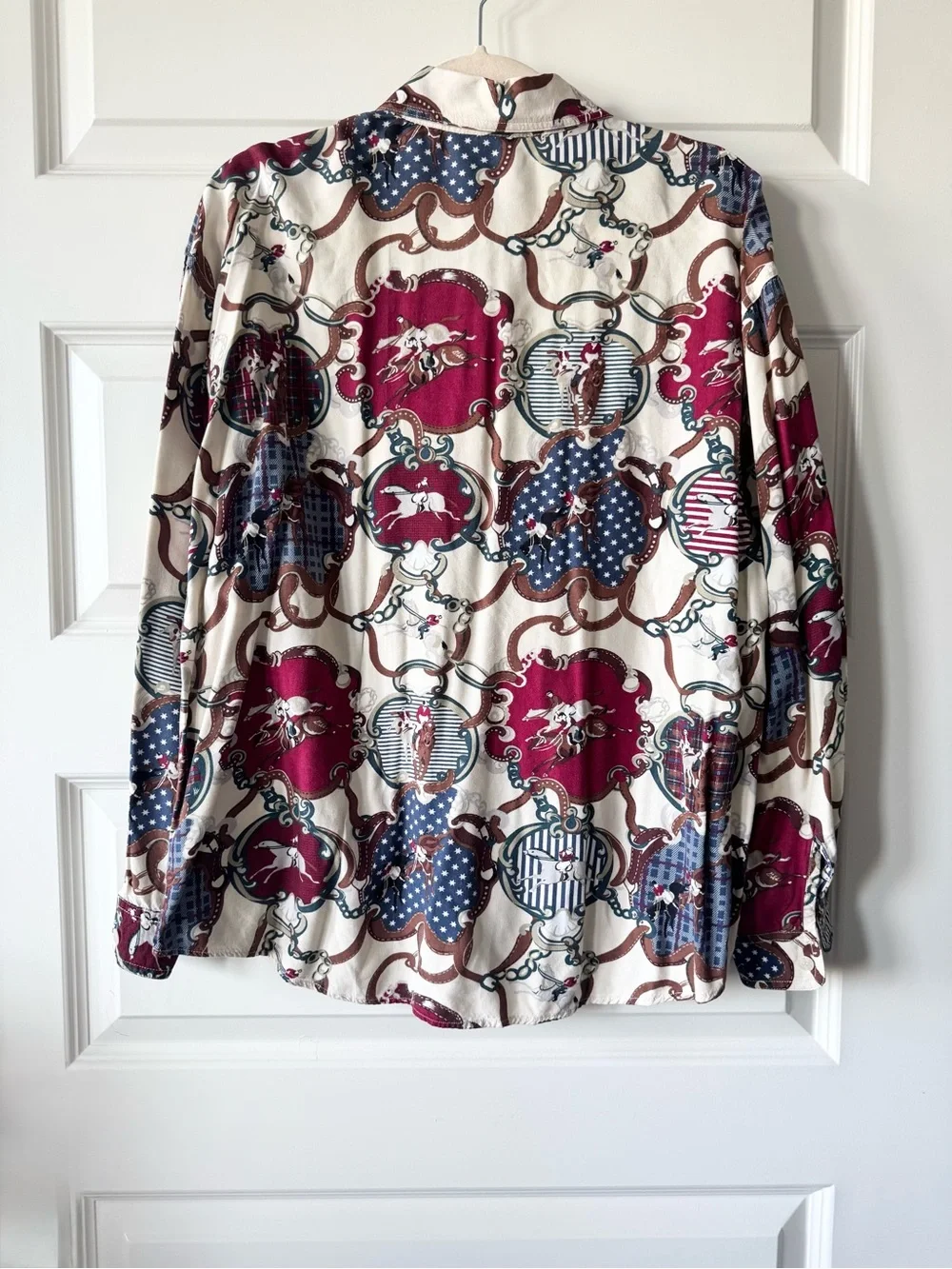 Vintage Bill Blass Equestrian Carousel Horse Circus Print Button Down Shirt